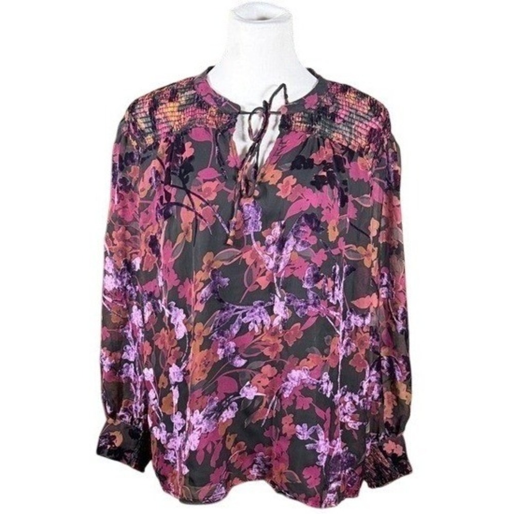 Elie Tahari Woman Magenta Floral Burnout Velvet Tie Neck Blouse 1X TG Plus Size